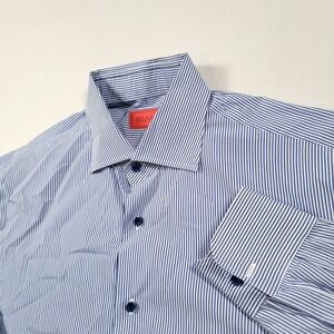 Isaia Men Dress Shirt Size 17/43 Blue White Stripe Cotton Made in Italy